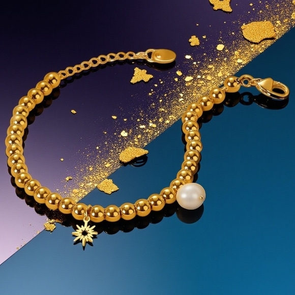 🆕️18K‎ Gold Plated Stainless Steel Beaded Bracelet with Sun & Pearl Charms ✨ - Picture 10 of 15